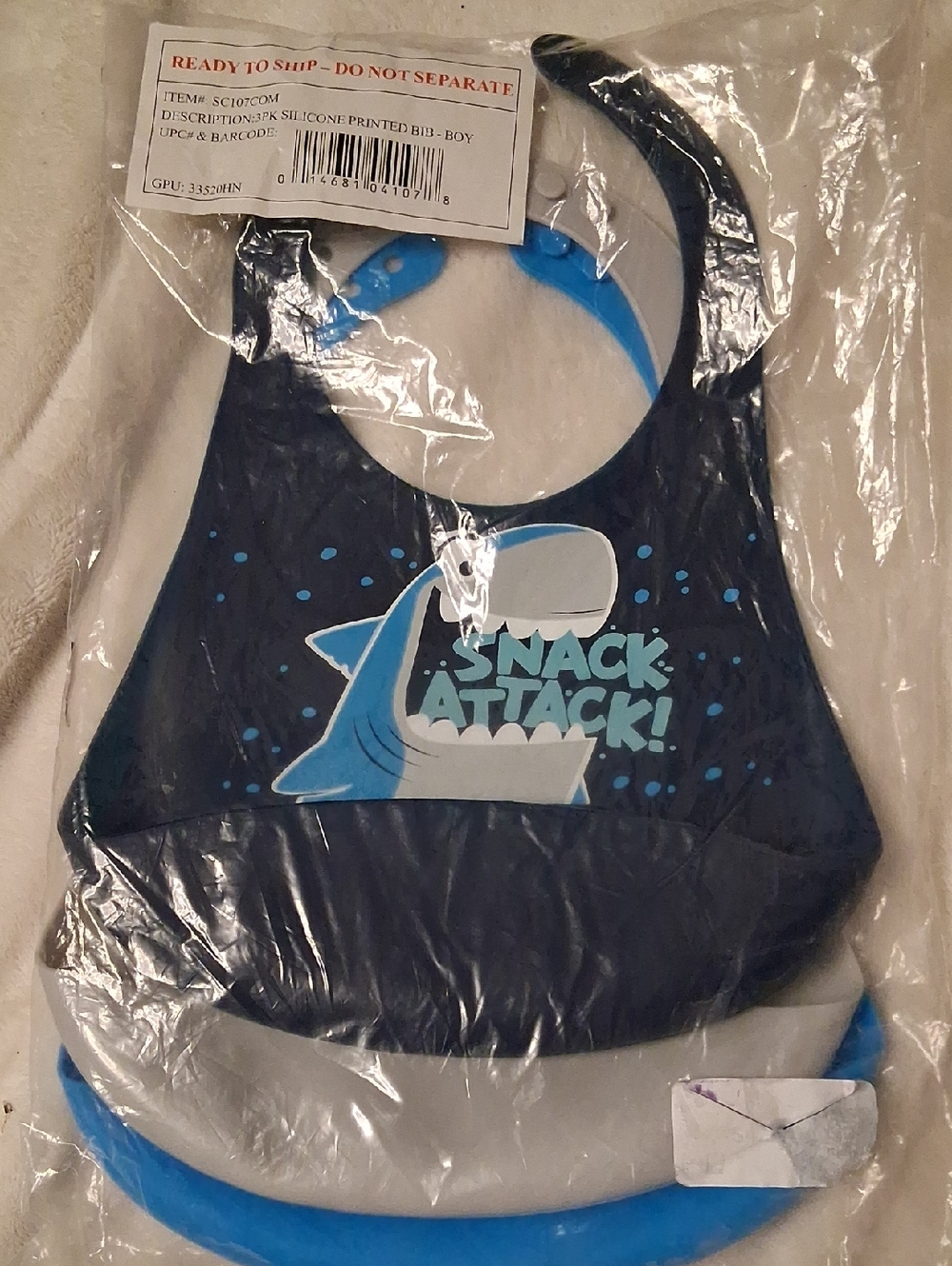 Unbranded Kids Silicone Bib - Navy Blue "Snack Attack"